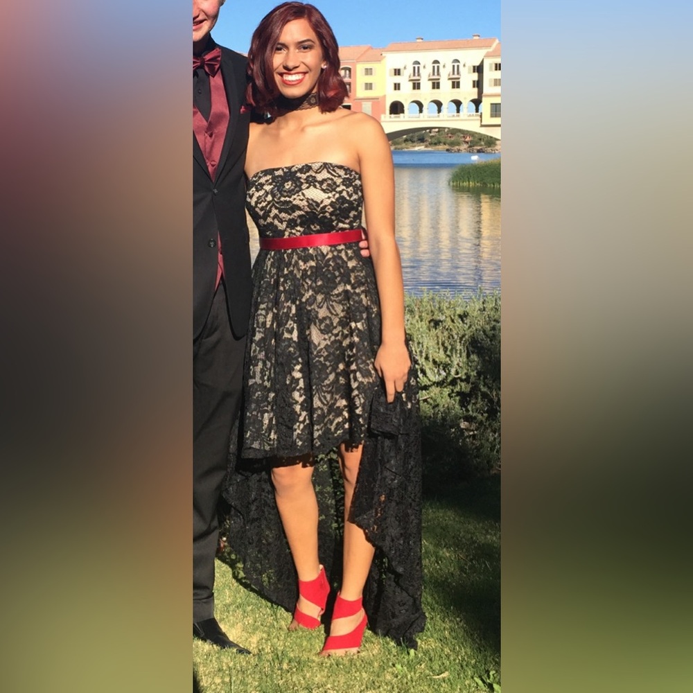 Sequin Hearts Size 5 High Low black lace dress